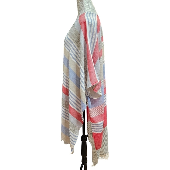 By Anthropologie Kimono Boho Striped Open Front Cotton Fringe Hem Beachy Poncho - Picture 6 of 11